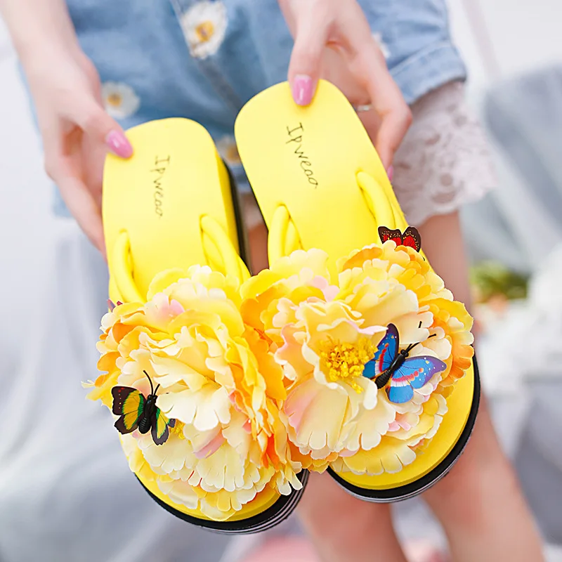 

Low Shoes On A Wedge House Slippers Platform Butterfly-Knot Slides Slipers Women Shale Female Beach Flower 2022 Sabot Floral PVC