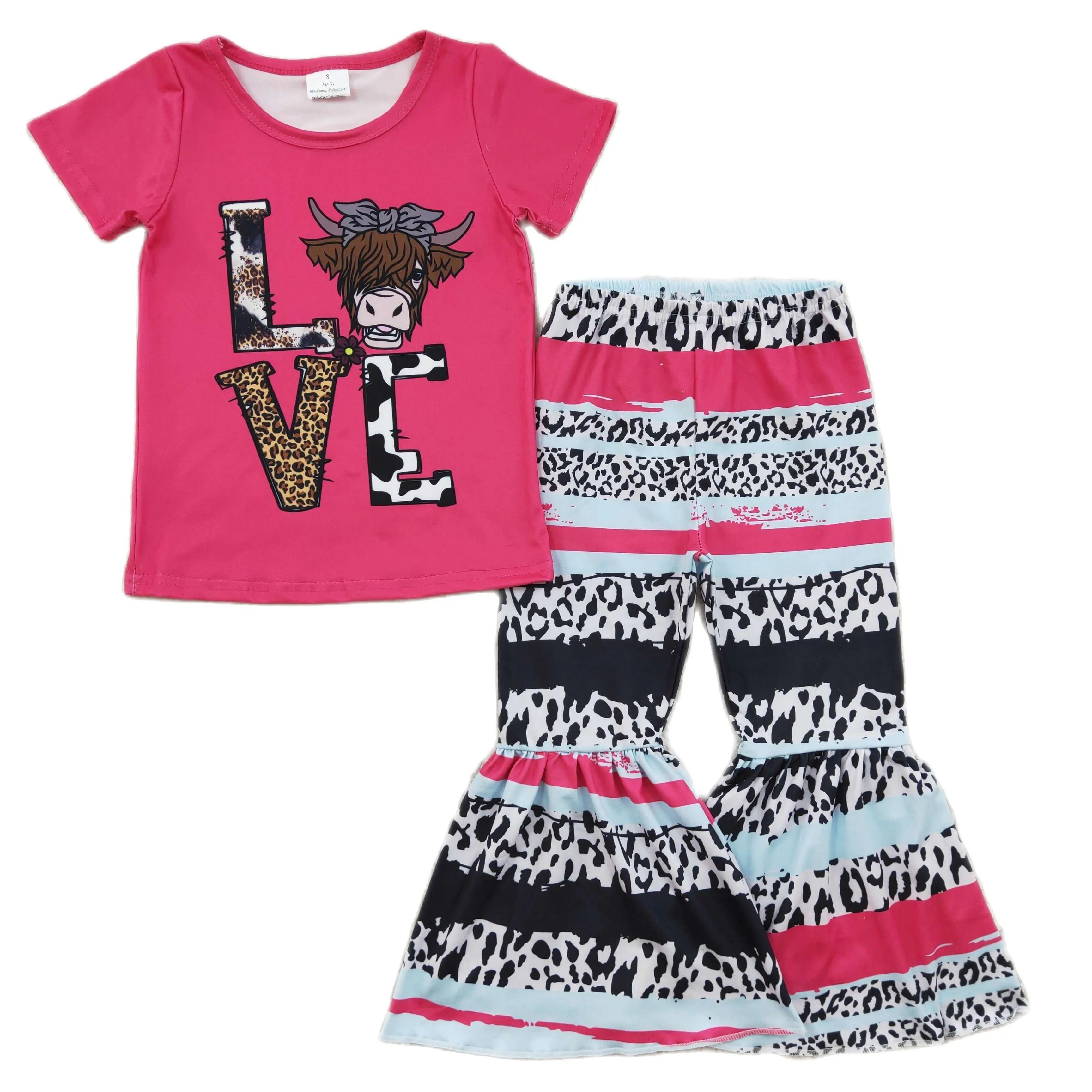 

BT0135 New Style Girls Boutique Wholesale Summer Clothing LOVE Alpine Cow Rose Red Short Sleeve Bell Suit