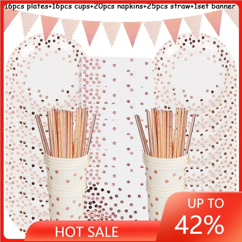 

Rose Gold Birthday Decorations Disposable Tableware Set Paper Cup Adult Wedding Birthday Party Decorations Kids Babyshower Girl