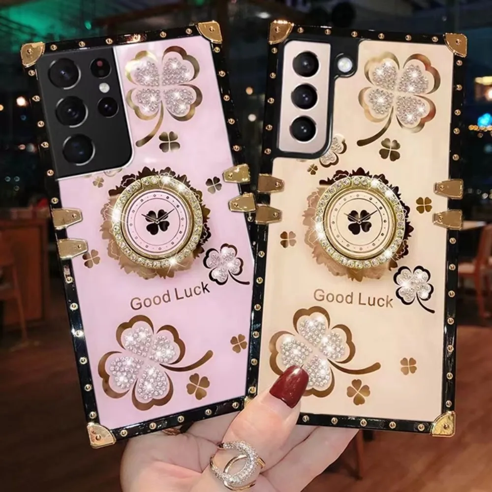 

3D Diamond Clover Ring Holder Square Phone Case For Samsung S23 S22 S21 S20 S10 S9 S8 FE Plus Ultra + Note 8 9 10 20 Pro Ultra