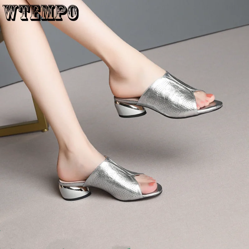 

Комфортные мягкие кожаные Тапочки WTEMPO, женские сандалии на высоком толстом каблуке, летняя Нескользящая повседневная обувь с открытым носком, оптовая продажа