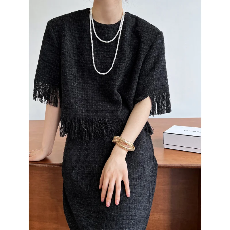 Simple French Female Coat + Tassel Split Long Skirt Suits Elastic High Waist Round Collar Korea Tweed Two-piece Set Women Outfit