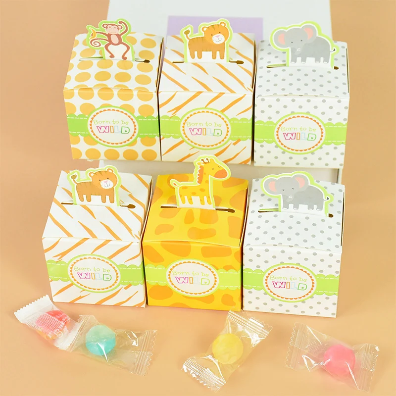 

10/20pcs Favor Box For Kids Birthday Party Animals Theme Cookies Wrapping Happy Birthday Tiger Giraffe Monkey Elephant Candy Box
