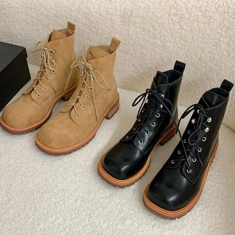 

Женская Винтажная обувь в британском стиле, кожаные ботинки с круглым носком карамельных цветов в западном стиле, зимняя женская обувь для ...