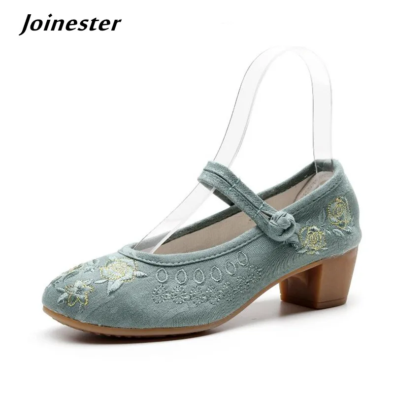 

Vintage Embroidered Mary Jane Dress Shoes Ankle Button Strap Women Ethnic Pumps Round Toe Mid Heeled Ladies Autumn Spring Shoe