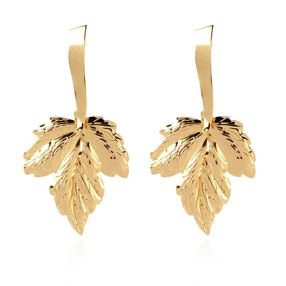 

Luxhoney Fashion Modern Gold Plated Long Leaves Carved Shape Dangle Earrings for Women OL In Party Gift for Birthday Mom