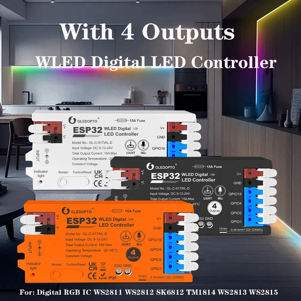 Фото GLEDOPTO ESP32 WLED-контроллер 4-канальный UART Загрузка DIY Динамический режим освещения Управление до 4 светодиодных лент независимые №1