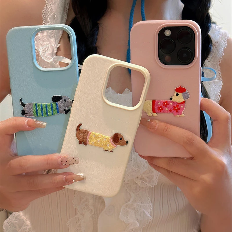 Корейский симпатичный мультяшный вышитый щенок кожаный чехол с рисунком для iPhone