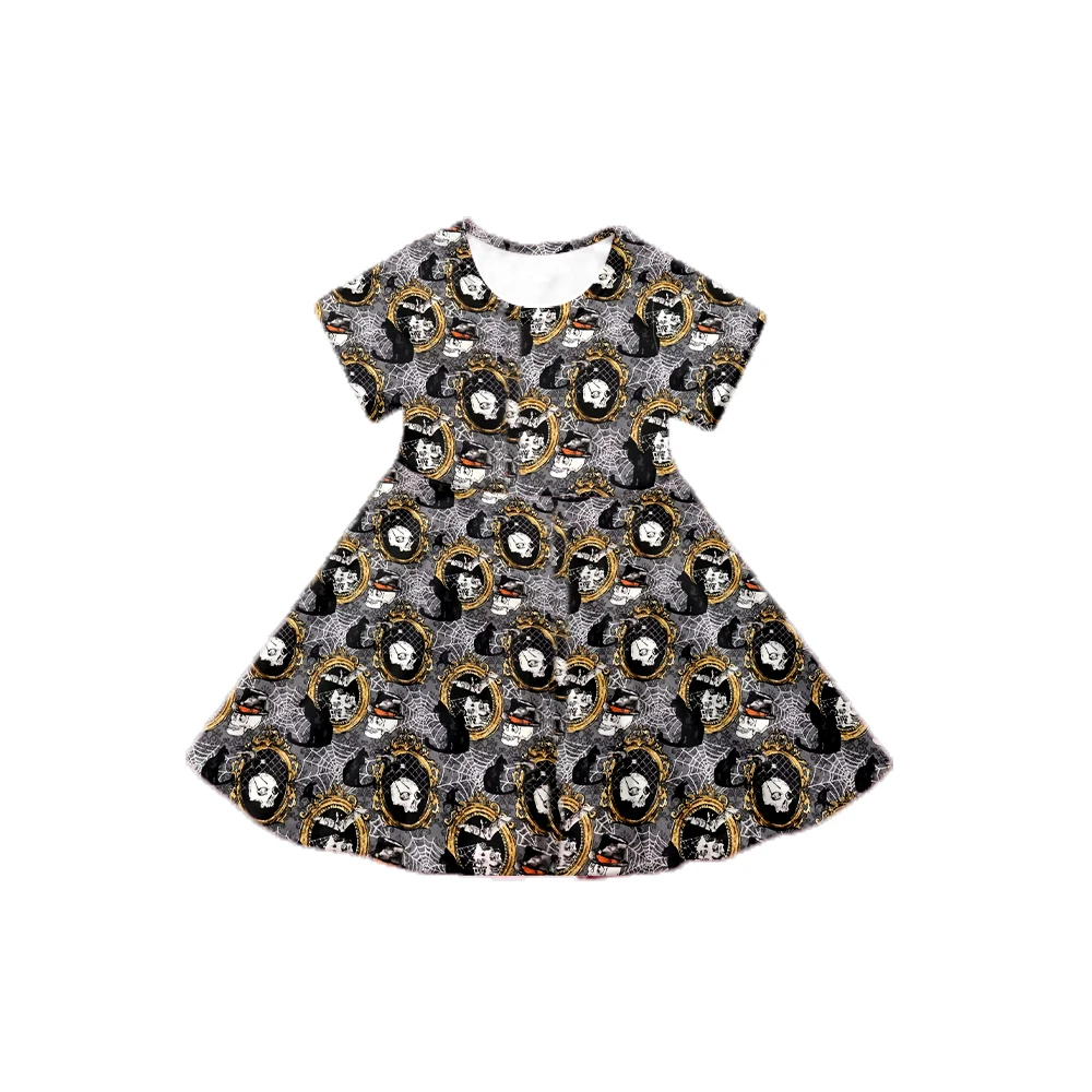 

Одежда для девочек на Хэллоуин, черное платье с коротким рукавом и страшным принтом черепа, Юбка До Колена для малышей, наряд для младенцев