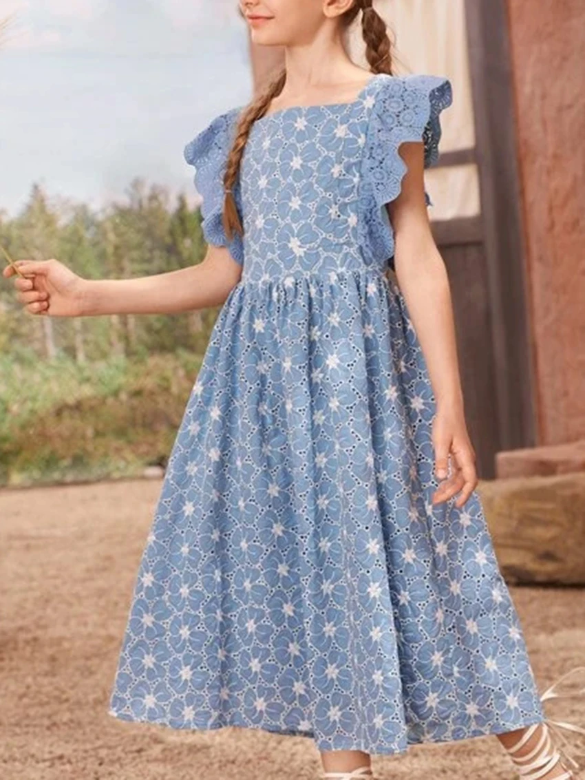 

Summer New Style Small Fly Sleeve Printing Simple Fashion Dress Beach Party Beach Skirt Sweet Lovely Breathable Skirt 3-12 Years