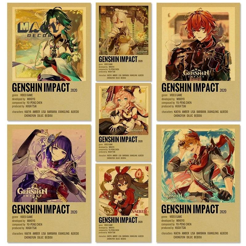 

Аниме наклейки Genshin Impact на стену из крафт-бумаги, постеры с принтом, картина для кабинета, спальни, кафе, домашний декор, Настенная Наклейка д...