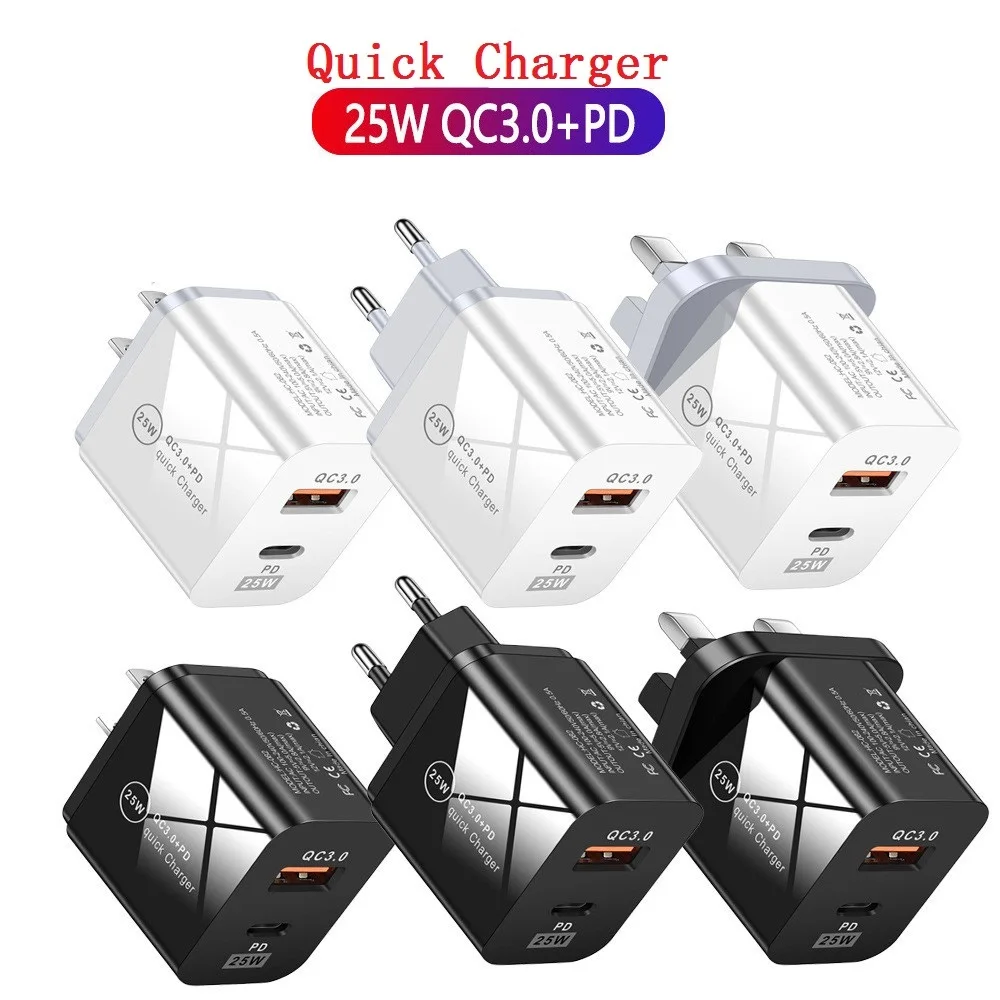 

200pcs Fast Quick Charging 25W PD USB-C 2Ports Eu US Wall Charger Power Adapters For IPhone 12 13 Pro Max Htc Samsung