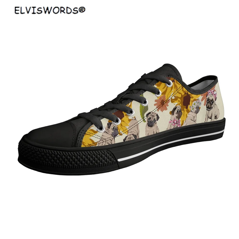 

ELVISWORDS Cute Pugs with Sunflowers Printing Low Top Women's Sneakers Causal Teen Girls Lace-up Vulcanized Shoes Zapatos Mujer