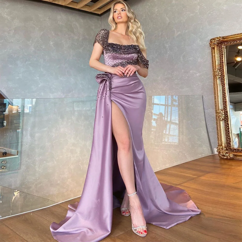 

Gorgeous Purple Sequined Beading High Side Split Satin Prom Dresses Pleat Ruched Evening Gowns 2023 Formal Party Dress