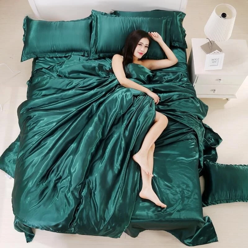 

Summer ice silk four-piece set pure color simple satin sky silk naked sleeping quilt cover bed sheet fitted sheet 1.8m bedding