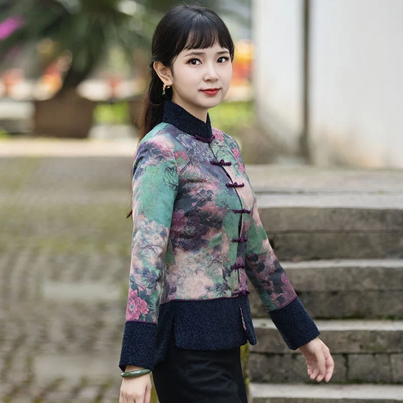 Parka Women's Coats Jackets 2022 Winter New Fashion Cotton-Padded Prints Splicing Chinese Style Retro Warm Skinny Parkas Woman