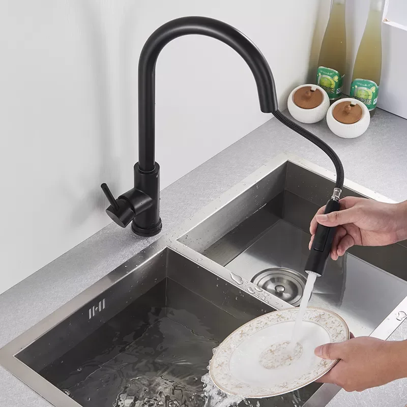 

Free Shipping Black Kitchen Faucet Two Function Single Handle Pull Out Mixer Hot and Cold Water Taps Deck Mounted