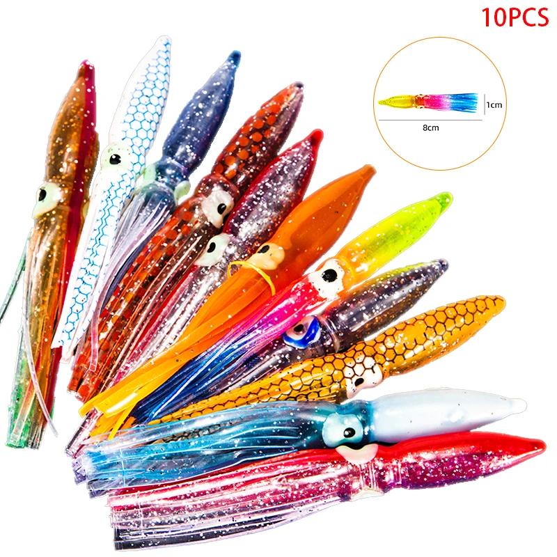 

10Pcs/lot Soft Lure Squid Skirts 8cm Rubber Artificial Bait Lures Octopus Wobblers Tuna Kingfish Sailfish Marlin Catfish Baits