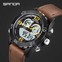 sanda fashion multifunctional hd led dual display watch casual mens watches luminous waterproof quartz watch brown leather strap