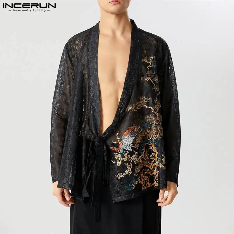 

Fashion Clubwear Style Tops INCERUN Men See-through Lace Ethnic Shirts Sexy Patchwork Printed Long Sleeved Cardigan Blouse S-5XL