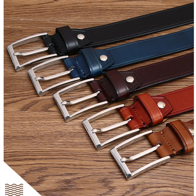 Plyesxale Fashion 3.3cm Width Pin Buckle Belt For Men Luxury Brand Mens Belts Leather For Jeans Black Red Brown Dark Blue G203