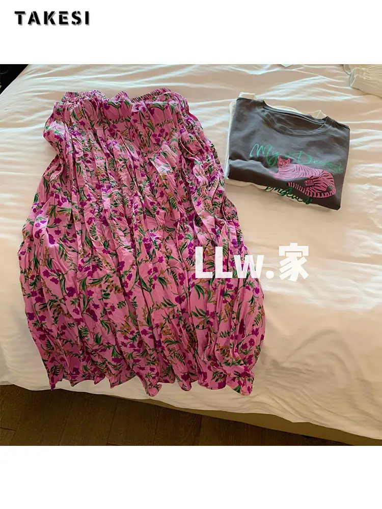 

2023 Summer Vintage Floral Print Soft Mid Long Elastic Waist Folds Skirts Women's Elegant Chiffon High Waist Loose Fit Skirt