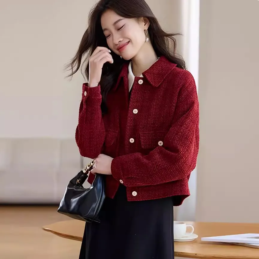 Изысканное красное очаровательное женское короткое пальто 2023 осень/зима Новая