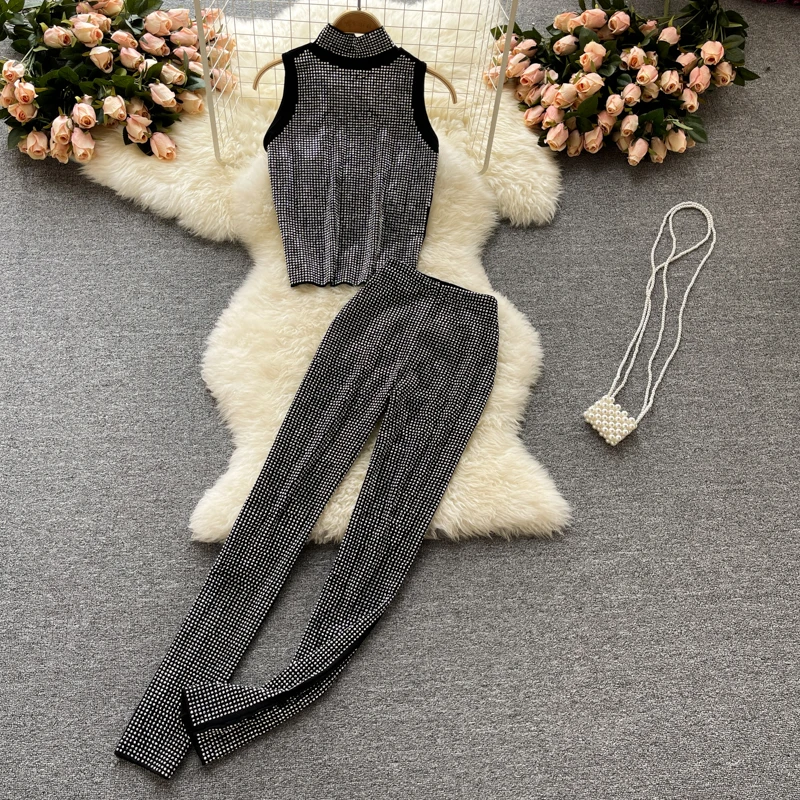 

Light Familiar Style Suit Women's Summer New Sleeveless Top Short All-match High Waist Pencil Pants Hot Drill Two-piece Set