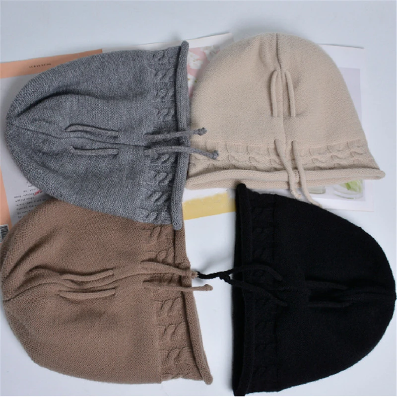 

Women's Hat Autumn And Winter Pullover Knitting Pile Hat Drawstring Curling Warm Hats Girls' Big Head Enclosure Ear Cold Hats