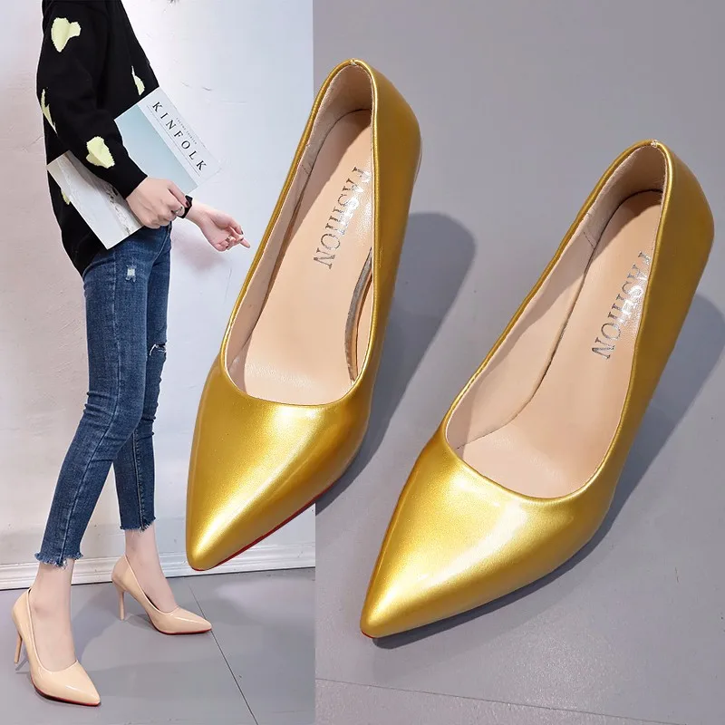 

Spring pointed sexy red sole stiletto heel patent leather women's shoes extra-large dress all-match reverse string work shoes