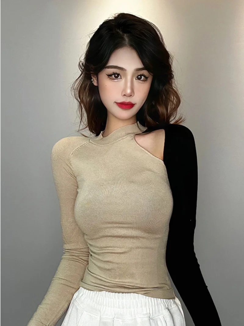 

Облегающая футболка TVVOVVINKorea, асимметричная Сексуальная вязаная футболка с длинным рукавом, топ, женские модные милые футболки, женские футболки 2023 T9WN