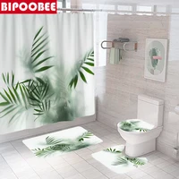 Green Plants 3D Print Shower Curtains for Bathroom Decor Toilet Cover Mat Pedestal Rugs Non-slip Carpet Bath Curtain with Hooks