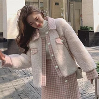 winter warm lamb wool sweet coat women korean thick two piece sets jackets chic streetwear female high waist a line skirts suits