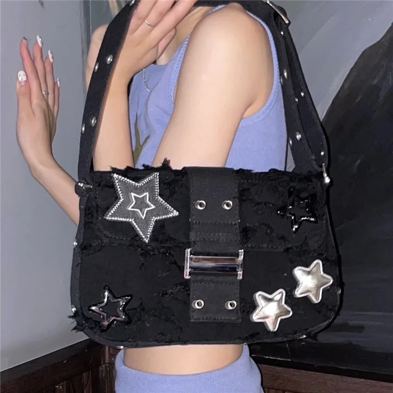 

Y2K Vintage Korean Casual Cute Black Star Shoulder Underarm Tote Bag Ladies Sling Bags Leather Zip Purses Bagutte Handbags Women