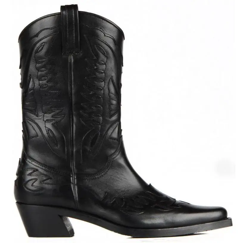 Couro para Mulheres Botas de Cowboy Dedo do pé Meados de Bezerro Botas de Cowgirl Footcourt-preto Genuíno Apontado Botas Artesanais Sapatos Femininos Nova Temporada