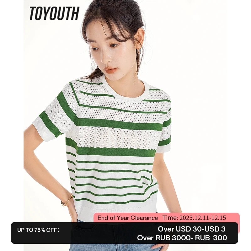 

Toyouth Women Knitwear 2023 Summer Short Sleeve Round Neck Loose Green White Stripes Tshirt Hollow-out Cool Fabric Casual Tops