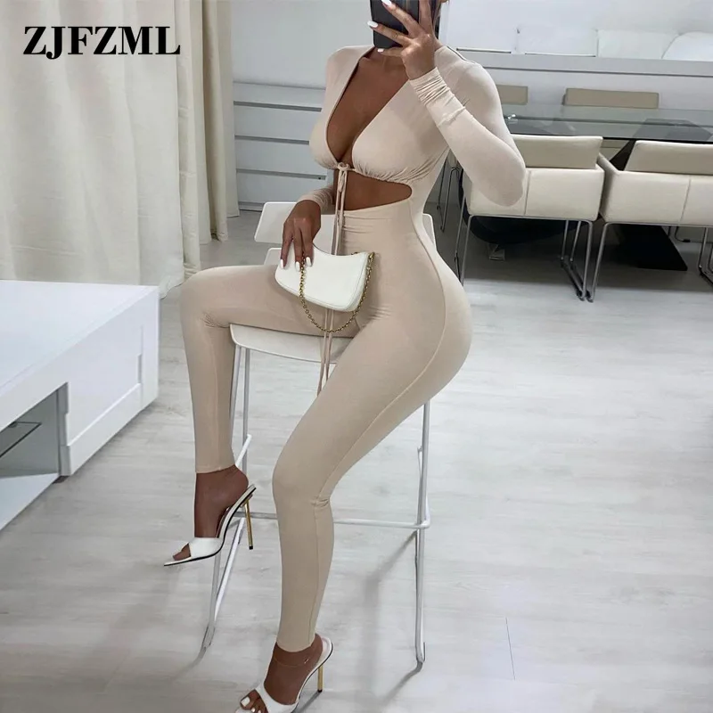 

Simple Full Sleeve Bandage Pencil Jumpsuit Sexy Cleavage Drawstring Waist Band Cut Out One Piece Outfits Body-shaping Clothing