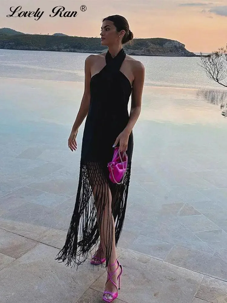 

Sexy Halter Dress Women Black Tassel Backless Linen Sleeveless Female Dresses 2023 Summer Beach Long Lady Vidos