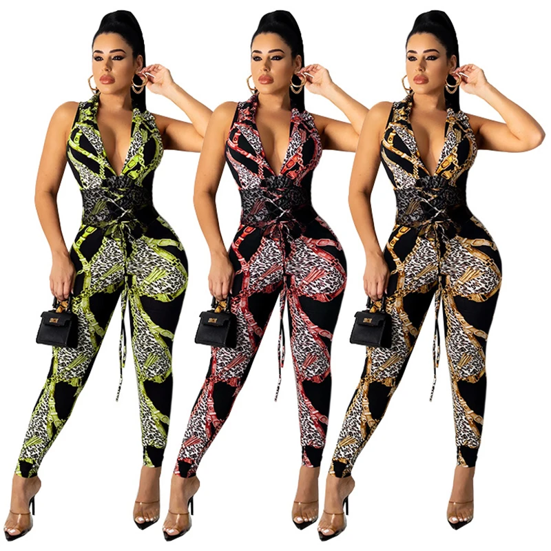

2022 new summer women's digital leopard print wrapped chest hanging neck V-neck drawstring fashion sexy Jumpsuit