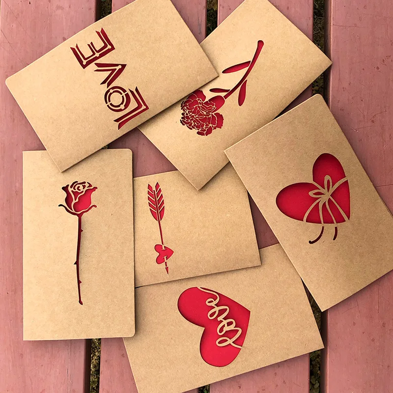 

6pcs/Pack Vintage Kraft Paper Laser Hollow Out Invitation Card Wedding Valentine's Day Love Heart Rose Greeting Card Envelope