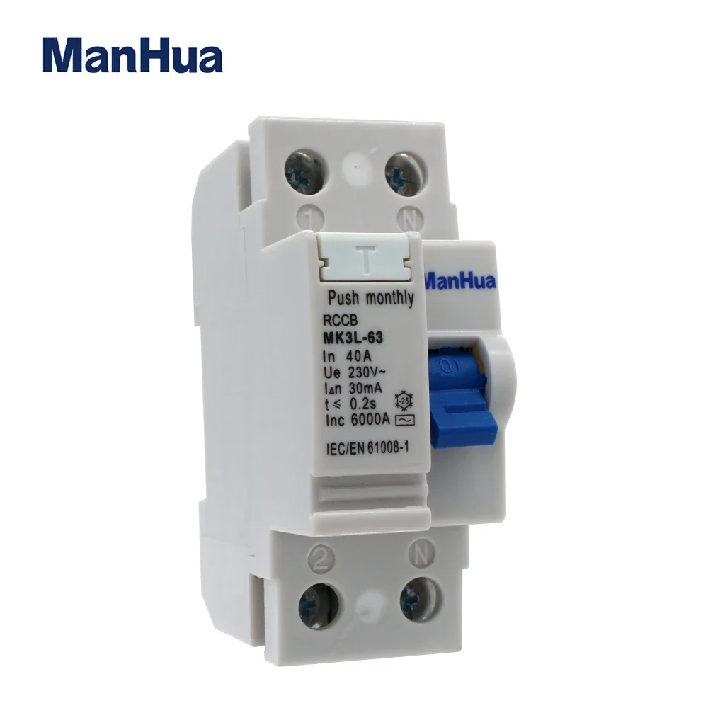 Двухполюсный MK3L-63 16A/20A/40A Электронный RCBO 240VAC 30mA 2P 6KA Автоматический выключатель