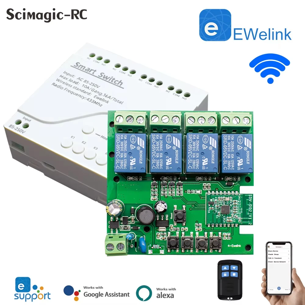 Фото 4-канальный модуль умного переключателя Wi-Fi eWeLink 12 В 24 В 7-32 В 220 В 85 В-250 В 10A 4 канала реле сухой контакт работает с Alexa Google Home №1