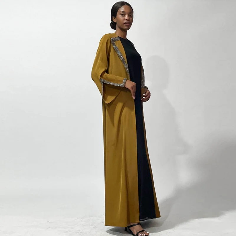 Muslim Fashion Women's Outer Wear Solid Color Hot Diamond Cuff Slit A-line Long Skirt Abaya Dubai Islamic Clothing for Women New