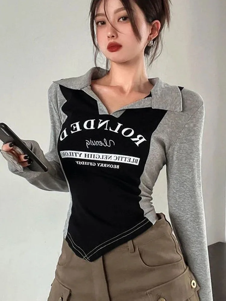 

Vintage Y2k T Shirts Women Harajuku Long Sleeve Kpop Tees Slim Irregular Aesthetic Top Korean Fashion Streetwear T-shirts
