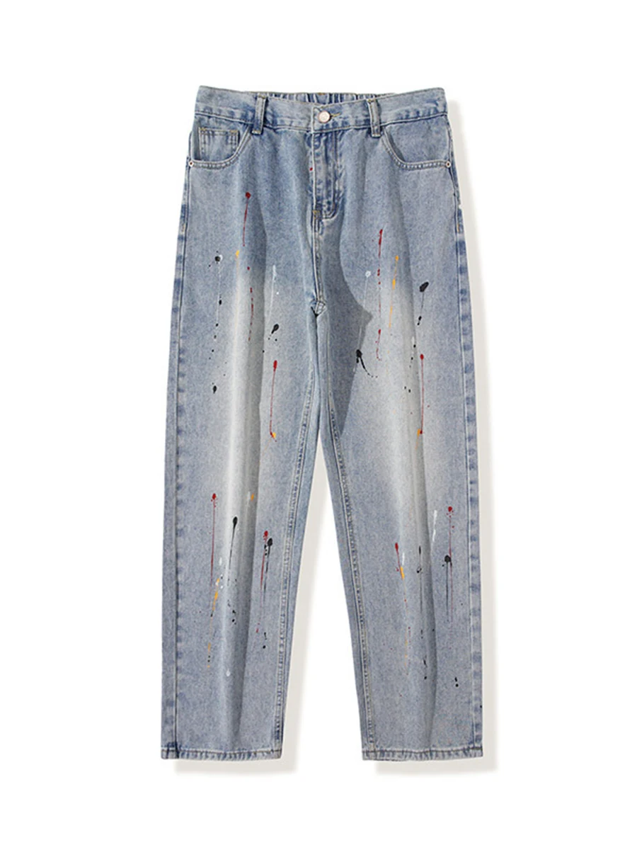 Four Seasons Men's Jeans High Street Loose Straight Ink Splash Trend Wide Leg Pants Streetwear Men Ins Hot Sale Y2k Men’s Jeans