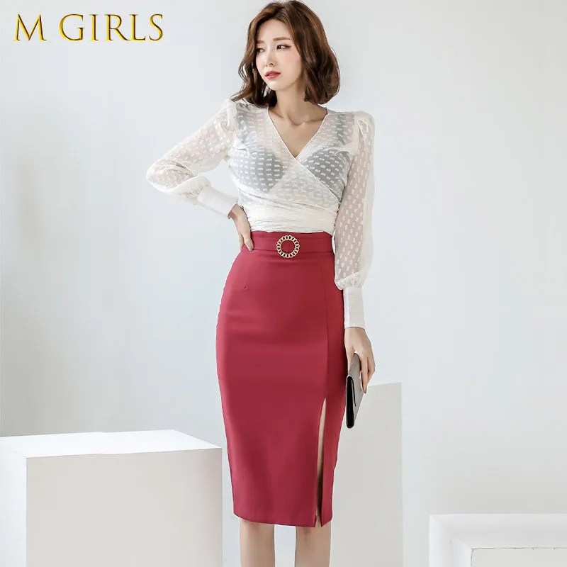 

Women Two Piece Set Korean Style 2021 Summer New Arrival Fashion V-Neck Long Sleeve Slim Top + High Waist Bodycon Skirt Suits