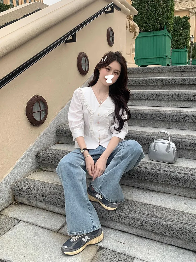 Элегантные модные белые рубашки с V-образным вырезом осенние женские пикантные