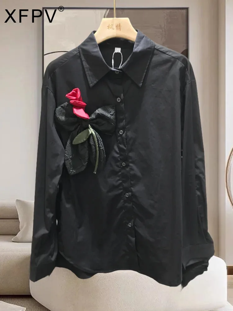XFPV Женская однобортная блузка с трехмерными розовыми вставками отложным