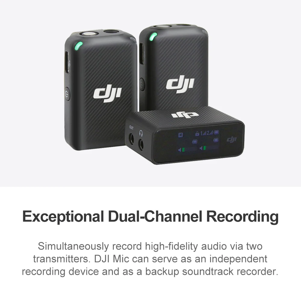 DJI Mic Wireless Microphone Lavalier Transmitter Receiver 250m Transmission range Dual-Channel Recording up to 15 Hours Use Time