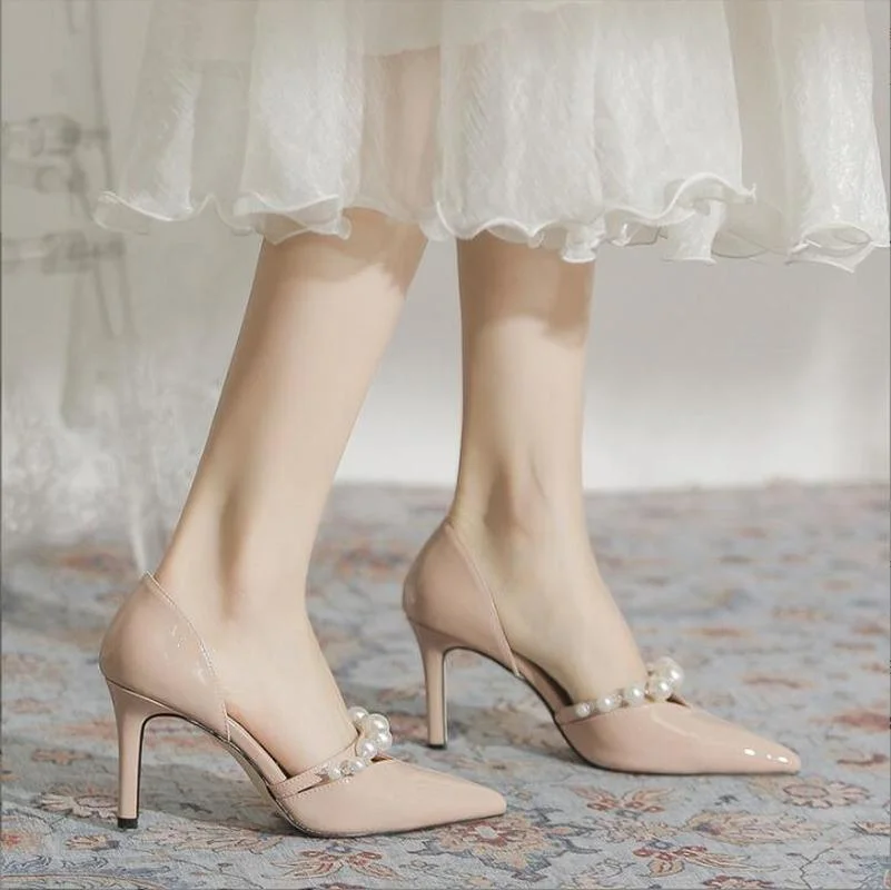 

Hot Casual Designer Women Pumps Nude Patent Leather Pearls Pointy Toe High Heels Bride Wedding Shoes Shoes for Women
